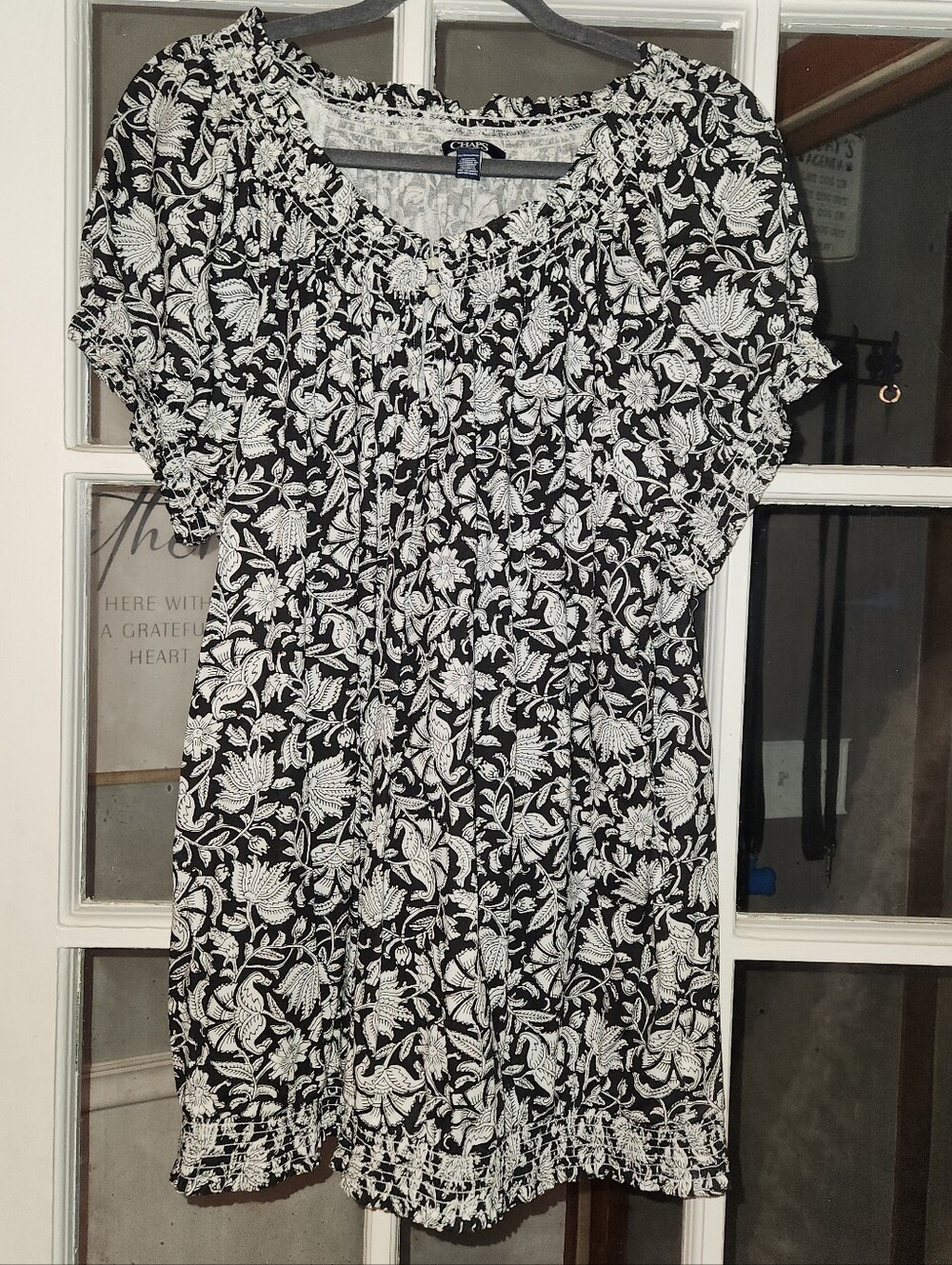 Chaps Women’s 3X Black Ivory Floral Elastic Waist Peasant Blouse Top
